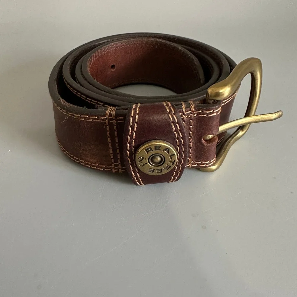 Realtree Mens Brown Genuine Leather Belt Brass Buckle Size 42 Outdoor Hunting